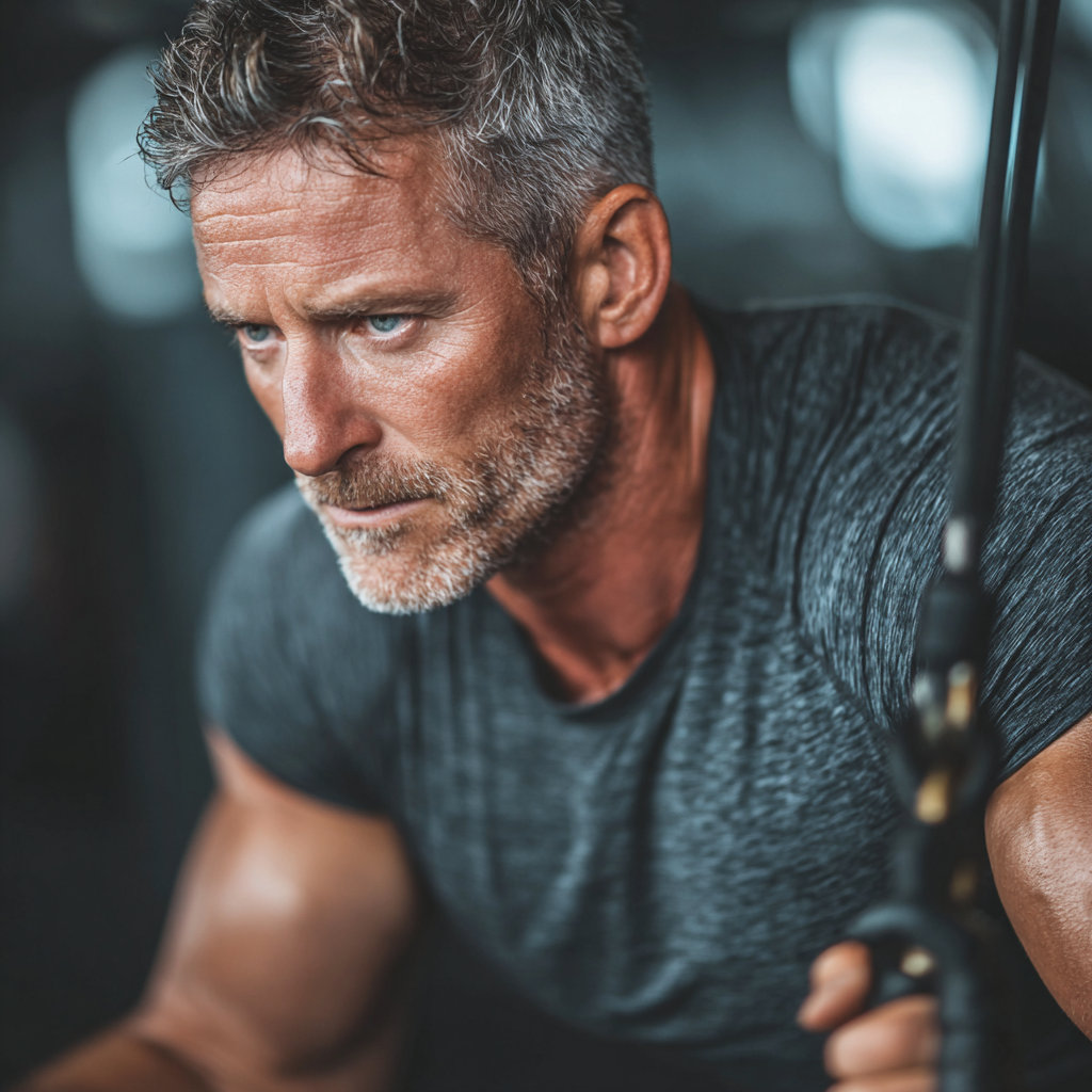Mature man performing functional training exercises in modern gym environment with focus on strength and flexibility development